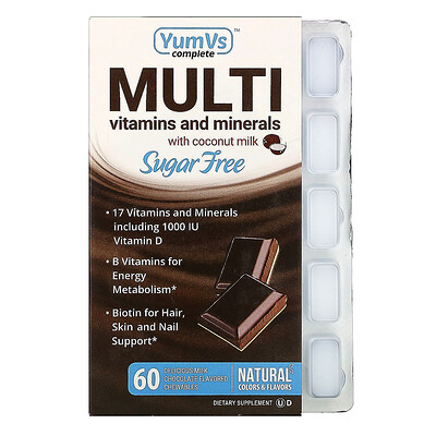 YumV's Multi Vitamins and Minerals with Coconut Milk, Delicious Milk Chocolate Flavor, Sugar Free, 60 Chewables