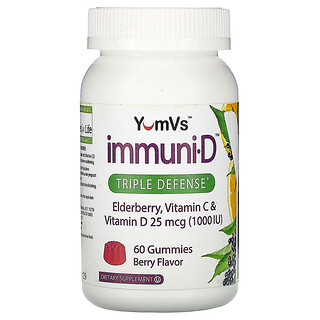 YumV's, 接骨木，維生素 C 和維生素 D，三重防禦，漿果味，25 微克 (1000 IU)，60 顆軟糖