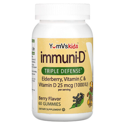 

YumV's Kid's Elderberry Vitamin C & Vitamin D Triple Defense Berry 25 mcg (1 000 IU) 60 Gummies