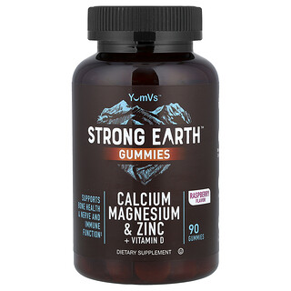 YumVs, Жевательные мармеладки Strong Earth, кальций, магний и цинк + витамин D, малина, 90 жевательных таблеток