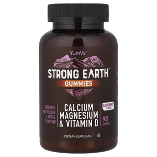 YumVs, Strong Earth Gummies, Calcium, Magnesium und Vitamin D, Himbeere, 90 Fruchtgummis