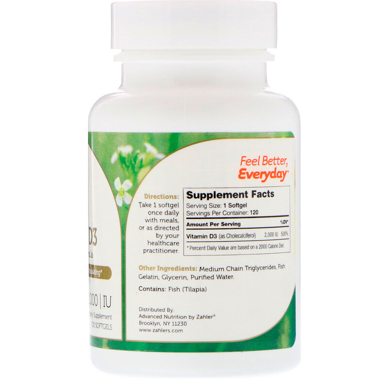 Zahler, Vitamin D3, Advanced D3 Formula, 2,000 IU, 120 Softgels iHerb