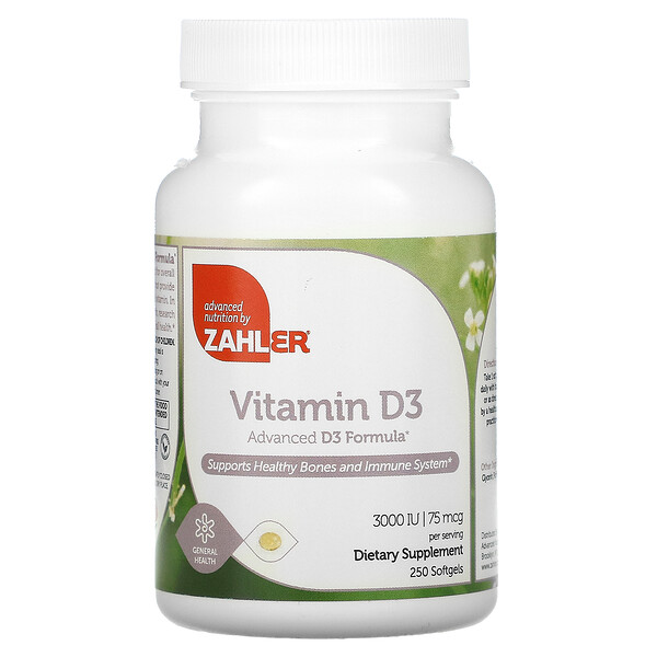 Zahler, Vitamina D3, Fórmula avanzada D3, 75 mcg (3000 UI), 250 Cápsulas blandas