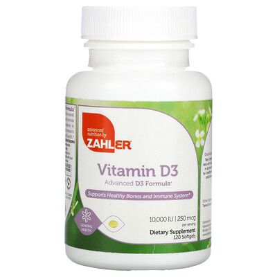 

Zahler Витамин D3, улучшенная формула D3, 250 мкг (10 000 МЕ), 120 мягких таблеток