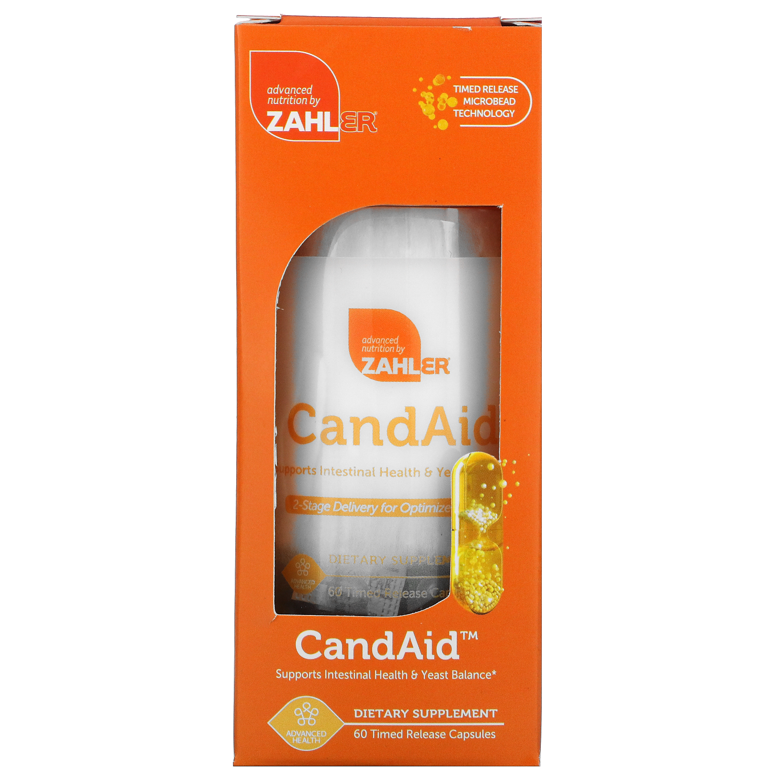 Zahler, CandAid（キャンドエイド）、お腹の健康と酵母バランスをサポート、持続放出カプセル60粒
