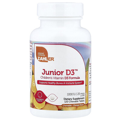 Product Image for Zahler, Junior D3 , Children's Vitamin D3 Formula, Orange, 25 mcg (1,000 IU), 120 Chewable Tablets