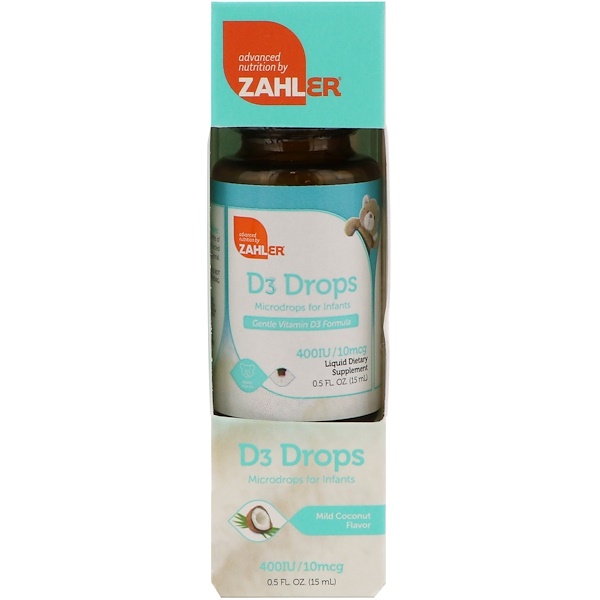 Zahler, D3 Drops, Microdrops for Infants, Mild Coconut Flavor, 4000 IU/10 mcg, 0.5 fl oz (15 ml)