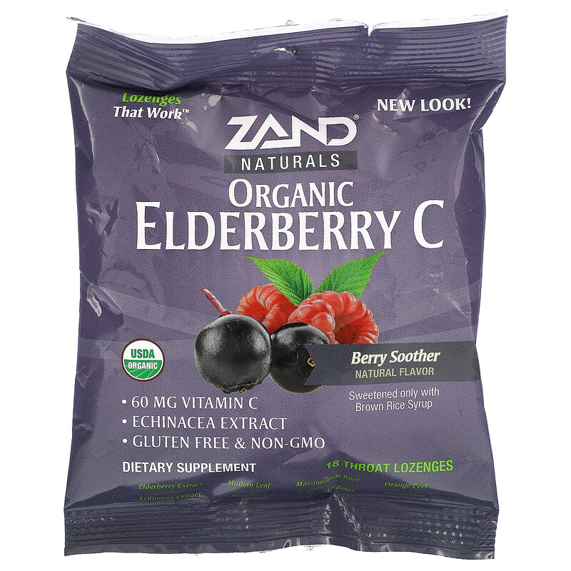 Zand, Naturals, Organic Elderberry C, Berry Soother, 18 Throat Lozenges