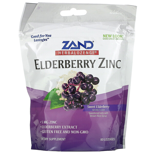 Zand, Herbalozenge, Elderberry Zinc, Sweet Elderberry, 80 Lozenges