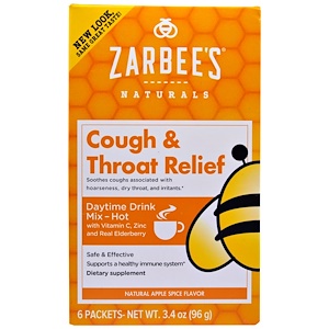 Zarbee's, Помощь при кашле и боли в горле, употреблять в дневное время, пряное яблоко, 6 пакетиков, 96 г (3,4 унции)