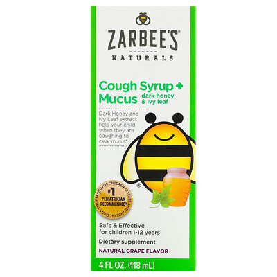 Zarbee's детский сироп от кашля с отхаркивающим действием, с темным медом и листом плюща, с натуральным вкусом винограда, для детей возрастом 12 месяцев и старше, 118 мл (4 жидк. унции)