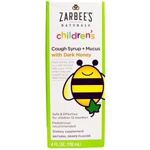 Zarbee's, Naturals, детский сироп от кашля + от слизи, натуральный виноградный ароматизатор, 4 жидких унций (118 мл)