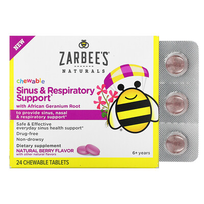 Zarbee's Sinus & Respiratory Support with African Geranium Root, Natural Berry , 24 Chewable Tablets