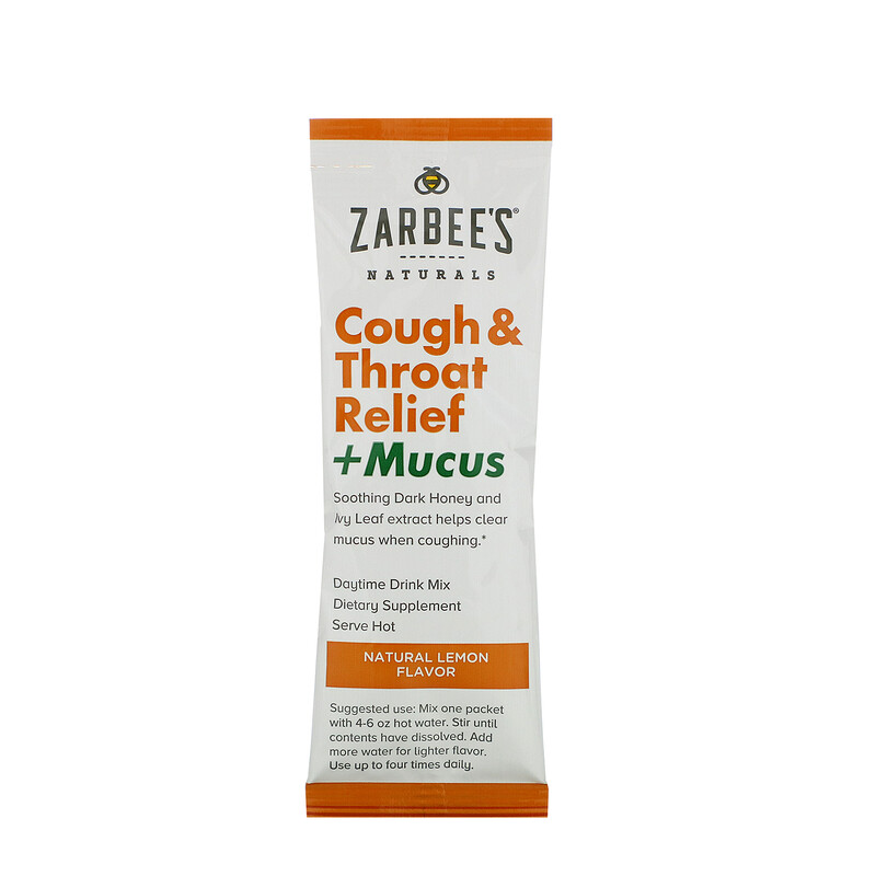 Zarbee's, Cough & Throat Relief + Mucus Daytime Drink Mix, Natural Lemon Flavor, 6 Packets, 3.4