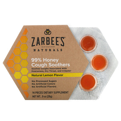 Zarbee's 99% мёд, смягчение кашля, натуральный лимонный вкус, 14 штук