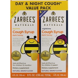 Купить Zarbee's, Naturals, Children's Cough Syrup with Dark Honey, Daytime & Nighttime Value Pack, Natural Grape Flavor, 4 fl oz (118 ml) Each  на IHerb