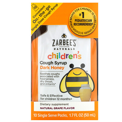 

Zarbee's Children's Cough Syrup, Dark Honey, On-the-Go, For Children 12 Months+, Natural Grape Flavor, 10 Single Serve Packs, 1.7 fl oz (50 ml)