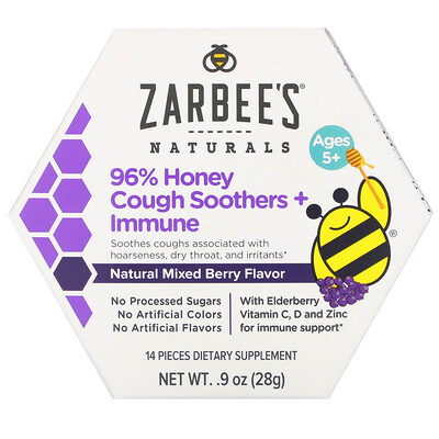 Zarbee's 96% Honey Cough Soothers + Immune Support, Natural Mixed Berry Flavor, Ages 5+, 14 Pieces