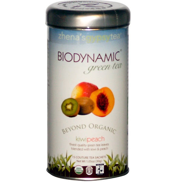 Zhena's Gypsy Tea, Biodynamic Green Tea, Beyond Organic, Kiwi Peach, 15 Sachets, 1.05 oz (30 g) (Discontinued Item) 