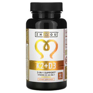Zhou Nutrition, K2 + D3, поддержка 2-в-1, 60 вегетарианских капсул