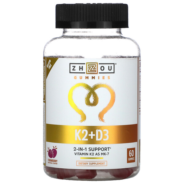 Zhou Nutrition‏, K2 + D3, בטעם תות, 60 סוכריות גומי