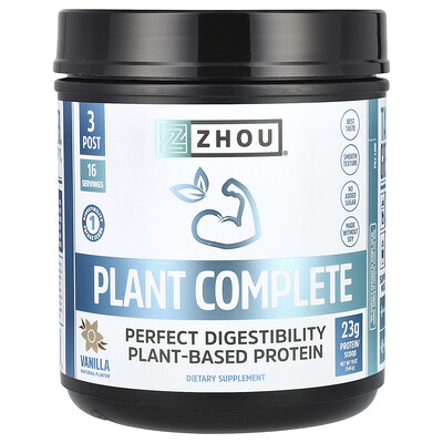 Zhou Nutrition  Plant Complete  Perfect Digestibility Plant-Based Protein  Vanilla  19 oz (544 g)