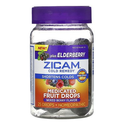 

Zicam, Cold Remedy, Medicated Fruit Drops Plus Elderberry, Mixed Berry, 25 Drops