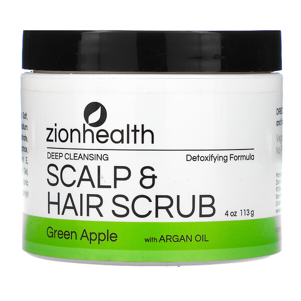 Zion Health‏, مقشر ومنظف فروة الرأس والشعر معزز بزيت الأرجان للتنظيف العميق، التفاح الأخضر، 4 أونصات (113 جم)