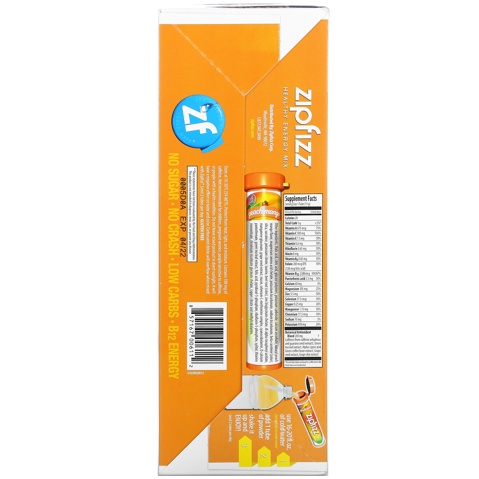 Zipfizz, Healthy Sports Energy Mix with Vitamin B12, Peach Mango, 20