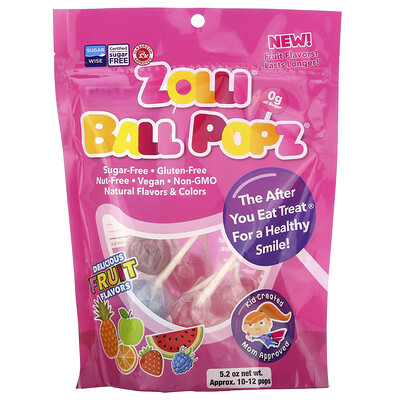Купить Zollipops Zolli Ball Popz, фруктовые леденцы на палочке, ассорти, 10–12 леденцов, 147 г (5, 2 унции)