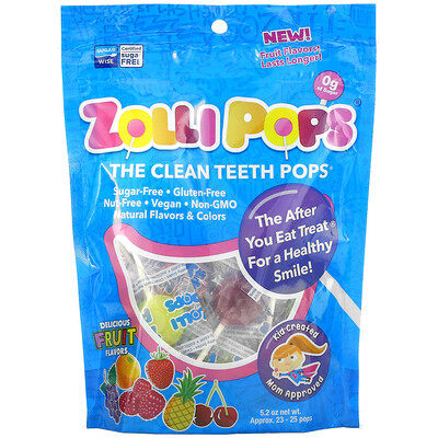 Zollipops The Clean Teeth Pops, леденцы для чистки зубов, клубника, апельсин, малина, вишня, виноград, ананас, прибл. 23–25 леденцов ZolliPops, 147 г (5, 2 унции)  - Купить