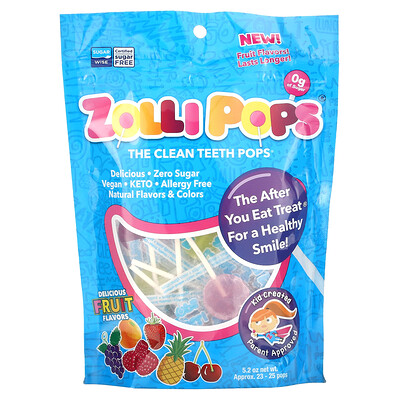 Zollipops The Clean Teeth Pops, леденцы для чистки зубов, клубника, апельсин, малина, вишня, виноград, ананас, прибл. 23–25 леденцов ZolliPops, 147 г (5,2 унции)