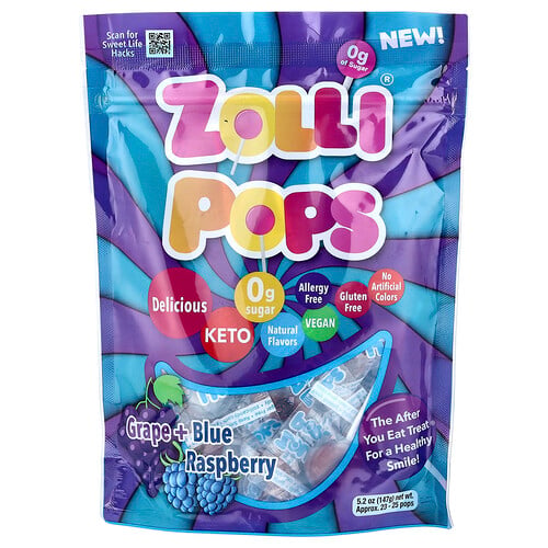Zollipops The Clean Teeth Pops, Grape + Blue Raspberry, Approx. 23-25 pops, 5.2 oz (147 g)