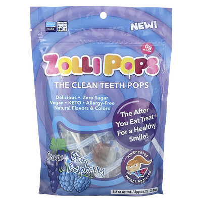 Zollipops The Clean Teeth Pops Grape + Blue Raspberry Approx. 23-25 pops 5.2 oz