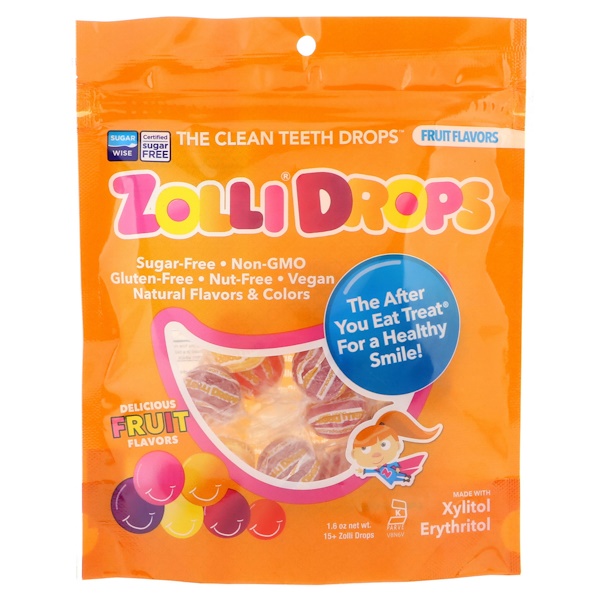 Zollipops, Zolli Drops, леденцы для чистки зубов, со вкусом фруктов, 15+ леденцов Zolli, 45 г (1,6 унции)