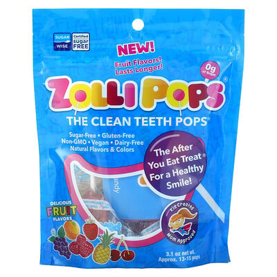 Купить Zollipops леденцы для чистки зубов со вкусом фруктов, прибл. 13–15 леденцов, 88 г (3, 1 унции)