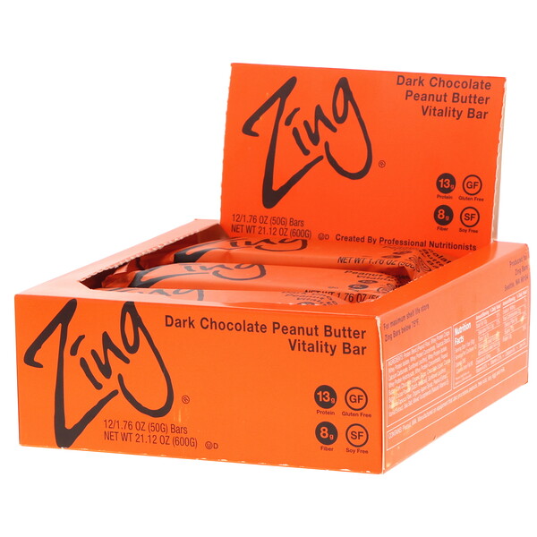 Zing Bars, Vitality Bar, Dark Chocolate Peanut Butter, 12 Bars, 1.76 oz