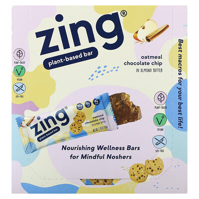 Zing Bars  Plant-Based Bar  Oatmeal Chocolate Chip In Almond Butter  12 Bars  1.76 oz (50 g) Each