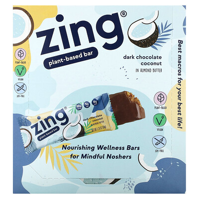 Zing Bars  Plant-Based Bar  Dark Chocolate Coconut In Almond Butter  12 Bars  1.76 oz (50 g) Each