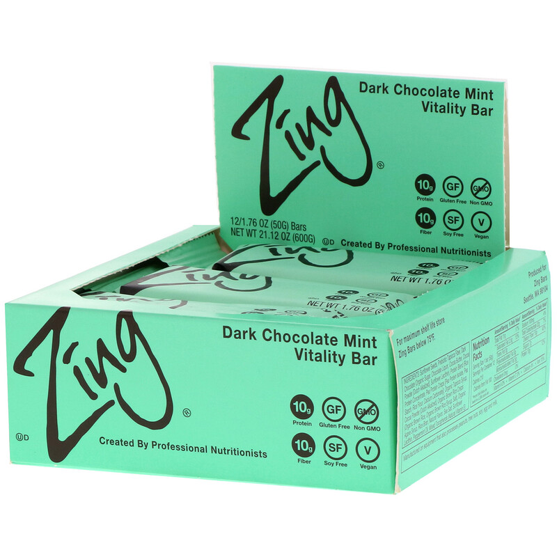 Zing Bars, Vitality Bar, Dark Chocolate Mint, 12 Bars, 1.76 oz (50 g