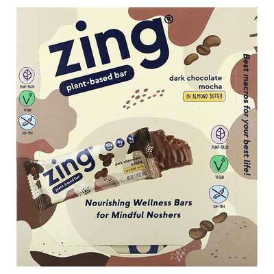 Zing Bars  Plant-Based Bar  Dark Chocolate Mocha In Almond Butter  12 Bars  1.76 oz (50 g) Each