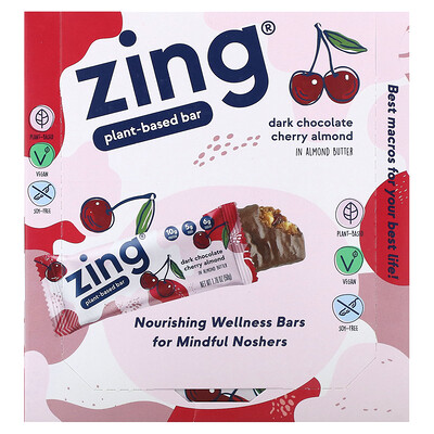 Zing Bars Plant-Based Bar Dark Chocolate Cherry Almond In Almond Butter 12 Bars 1.76 oz (50 g) Each