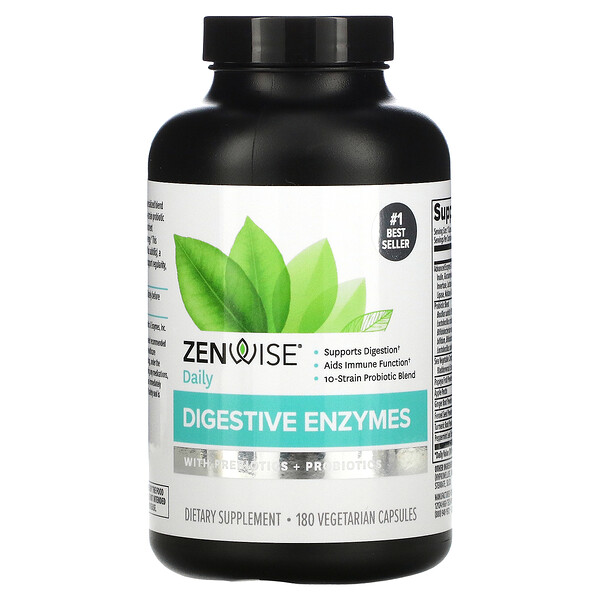 Zenwise Health, Enzim Digestif Harian dengan Prebiotik + Probiotik, 180 Kapsul Vegetarian