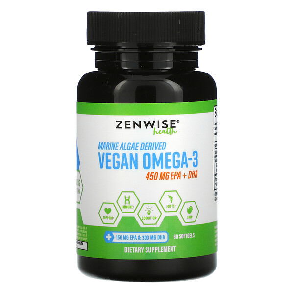 Zenwise Health‏, Marine Algae Derived Vegan Omega-3, 225 mg, 60 Softgels