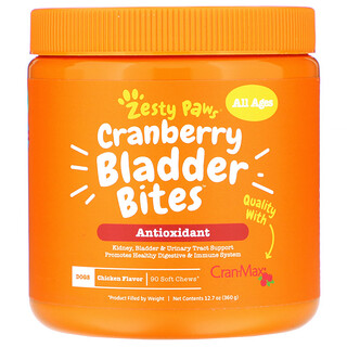 Zesty Paws, Cranberry Bladder Bites for Dogs,  Antioxidant, All Ages, Chicken Flavor, 90 Soft Chews, 12.7 oz (360 g)