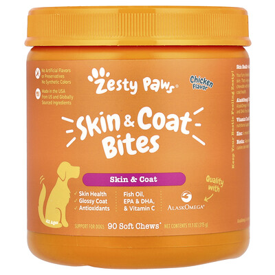 Zesty Paws  Skin & Coat Bites  For Dogs  All Ages  Chicken  90 Soft Chews  11.1 oz (315 g)