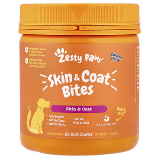 زيستي باوز‏, Skin & كوت Bites ، للكلاب ، لجميع الأعمار ، دجاج ، 90 قطعة طرية قابلة للمضغ ، 11.1 أونصة (315 جم)