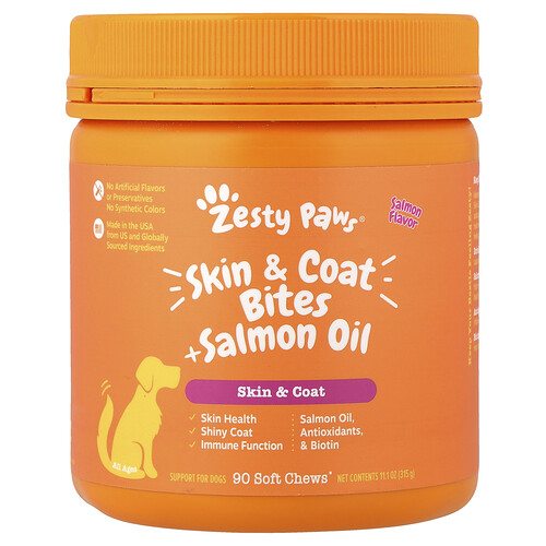 Zesty Paws, Skin & Coat Bites + Salmon Oil, For Dogs, All Ages, Salmon , 90 Soft Chews, 11.1 oz (315 g)