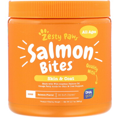 Salmon Bites for Dogs, Skin & Coat, All Ages, Salmon Flavor, 90 Soft Chews