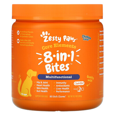 Zesty Paws Multivitamin Bites, мультивитаминная добавка для собак 5 в 1, для повышения тонуса, для любого возраста, со вкусом курицы, 90 мягких жевательных таблеток, 360 г (12,7 унции)